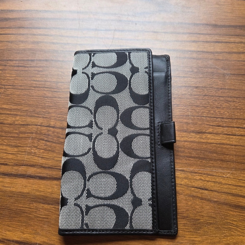 Coach Signature Jacquard Canvas Leather Checkbook Cover Black Grey Monogram